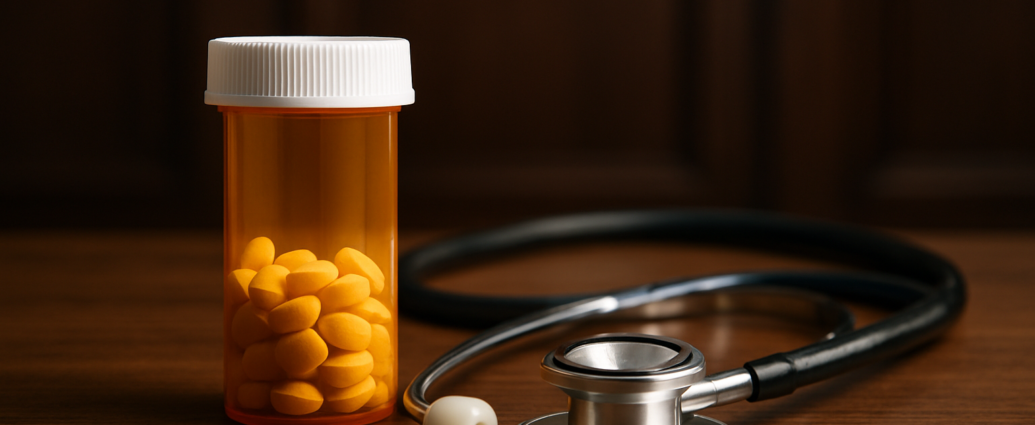 A prescription bottle filled with yellow pills next to a stethoscope on a wooden surface.