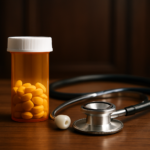 A prescription bottle filled with yellow pills next to a stethoscope on a wooden surface.