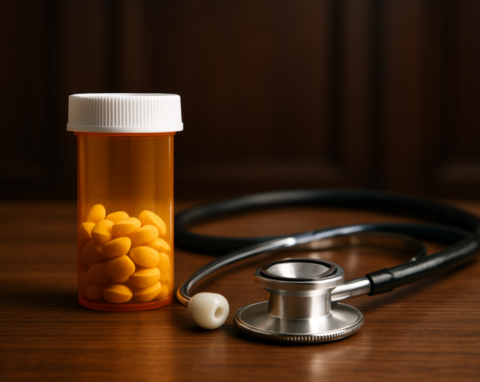 A prescription bottle filled with yellow pills next to a stethoscope on a wooden surface.