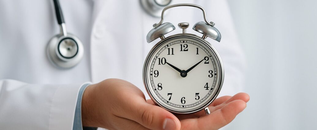 A doctor in a white coat holding a silver alarm clock
