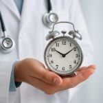 A doctor in a white coat holding a silver alarm clock