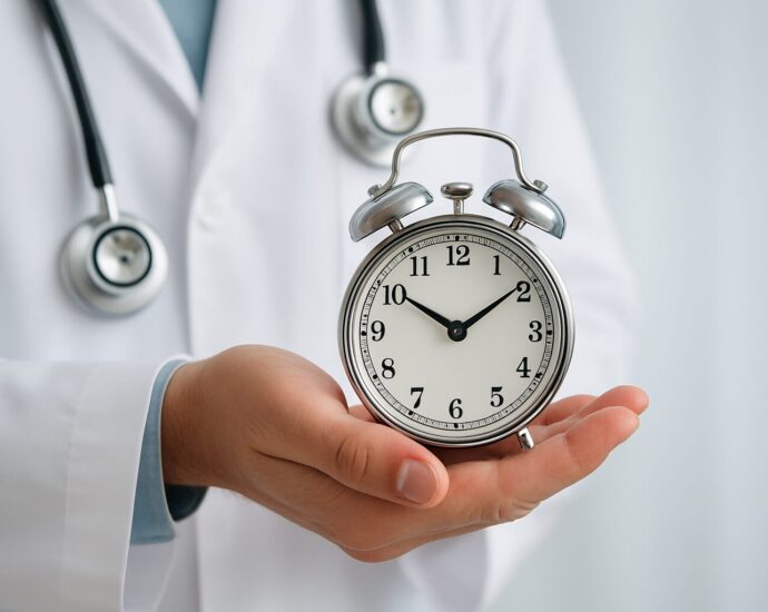A doctor in a white coat holding a silver alarm clock