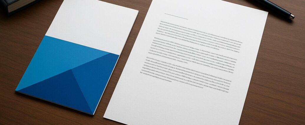 Two printed materials on a wooden desk, one with a geometric blue design and the other with text.