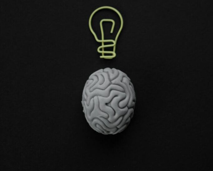 A gray brain sculpture with a light bulb drawn above it on a black background.