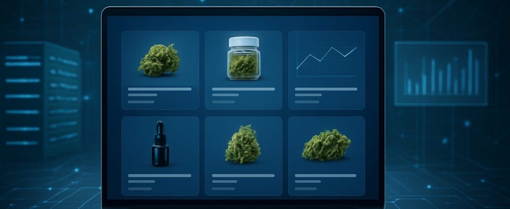 A laptop screen displaying a selection of cannabis products for online shopping, set against a tech backdrop.