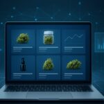 A laptop screen displaying a selection of cannabis products for online shopping, set against a tech backdrop.