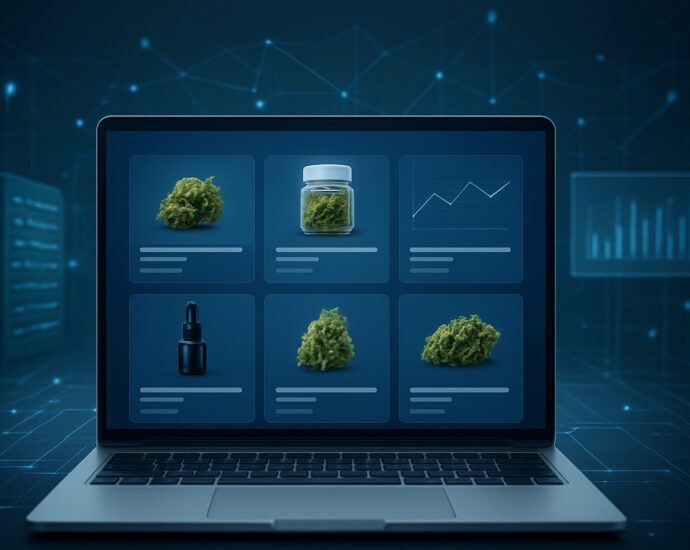 A laptop screen displaying a selection of cannabis products for online shopping, set against a tech backdrop.
